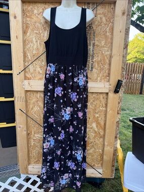 Sleeveless Black Maxi Dress with Purple Floral Skirt